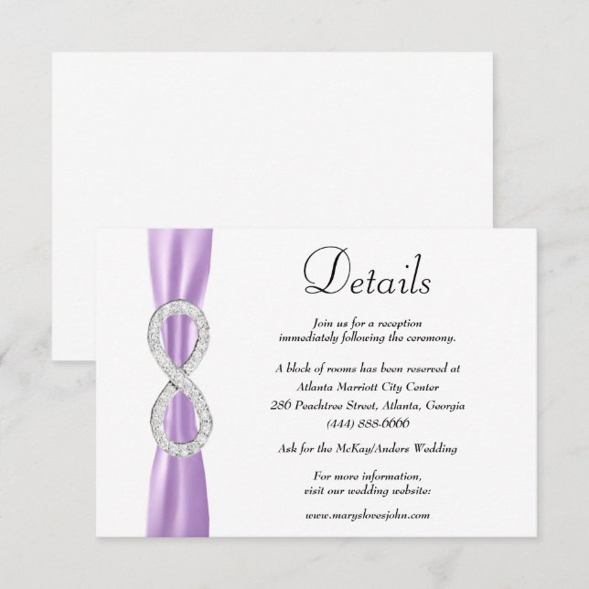 Lila Ribbon Diamond Unendlichkeit Hochzeitsdetails Begleitkarte (Vorne/Hinten)