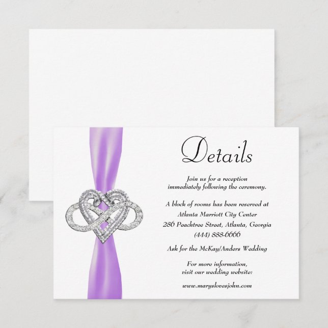 Lila Ribbon Infinity Heart Wedding Details Begleitkarte (Vorne/Hinten)