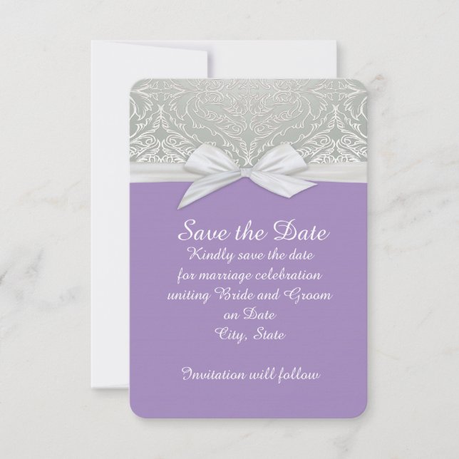 Lila Ribbon/SilberspitzenDamast Save the Date (Vorderseite)