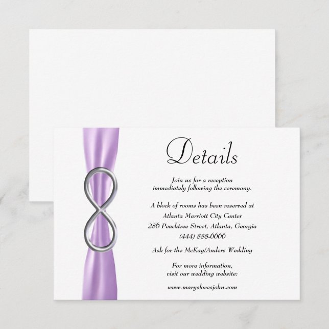 Lila Ribbon Silver Unendlichkeit Hochzeitsdetails Begleitkarte (Vorne/Hinten)