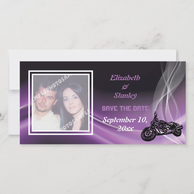 Lila Roadbiker Hochzeit Sichern Sie die Datums-Fot Save The Date (Vorderseite)