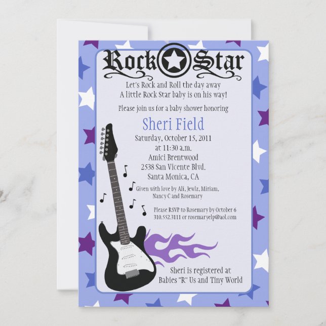 LILA ROCK STAR 12x18 BABY SHOWER - Rosemary Einladung (Vorderseite)
