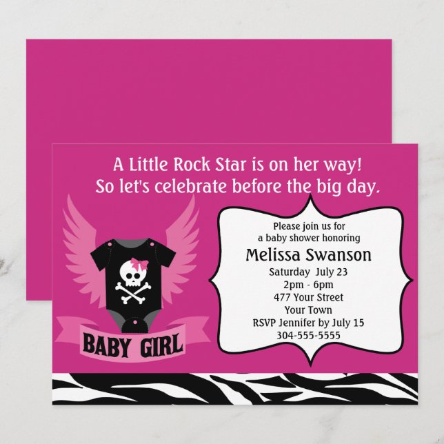 Lila Rock Star Skull Baby-Dusche Einladung (Vorne/Hinten)