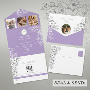 Lila romantische Blumen-Foto-Hochzeit All In One Einladung
