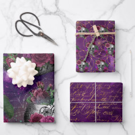 Lila romantische Gotische Hexe und Rose Geschenkpapier Set