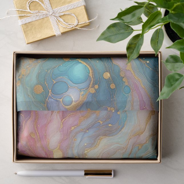Lila rosa Aquamarines Aqua Blue Gold Marmor Seidenpapier (Geschenk)