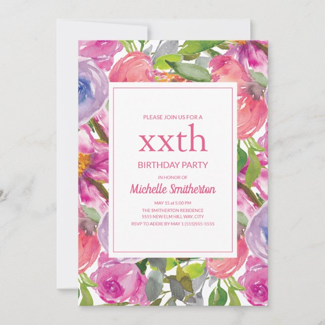 Lila rosa Aquarellfarben Wildblume jedes Lebensjah Einladung (Vorderseite)