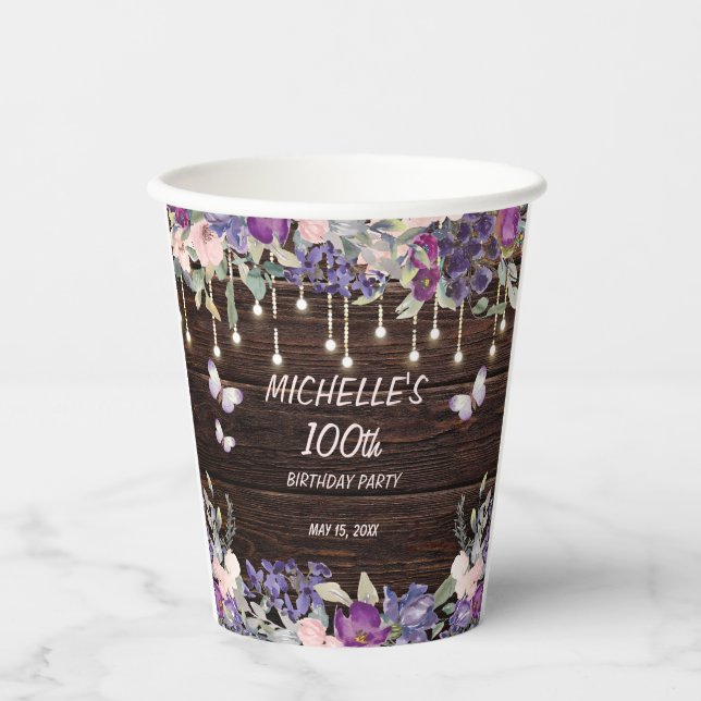 Lila Rosa Bläserschmetterling Rustikaler 100. Gebu Pappbecher (Vorderseite)