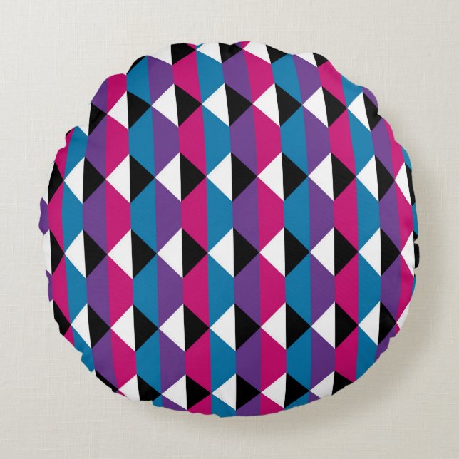 Lila, rosa, blau, schwarz und weiß Diamant Rundes Kissen (Vorderseite)