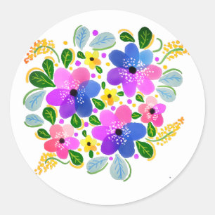 Lila Rosa Blaue Aquarellblumen  Runder Aufkleber