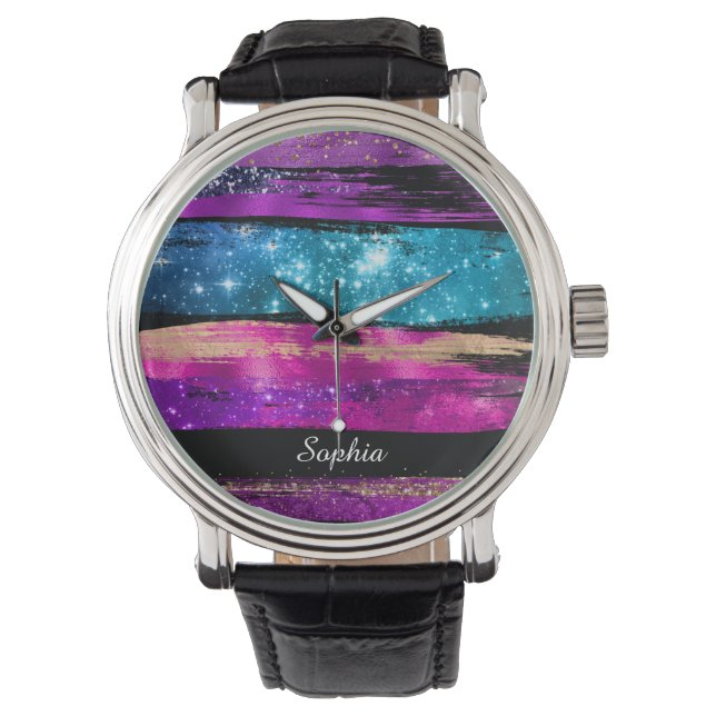 Lila rosa blaue Glitzer Sterne Pinselstriche Name Armbanduhr (Vorderseite)