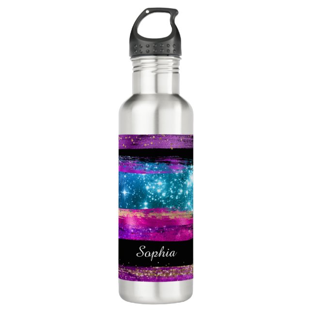 Lila rosa blaue Glitzer Sterne Pinselstriche Name Edelstahlflasche (Vorderseite)