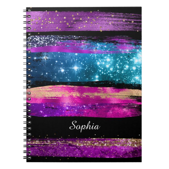 Lila rosa blaue Glitzer Sterne Pinselstriche Name Notizblock (Vorderseite)