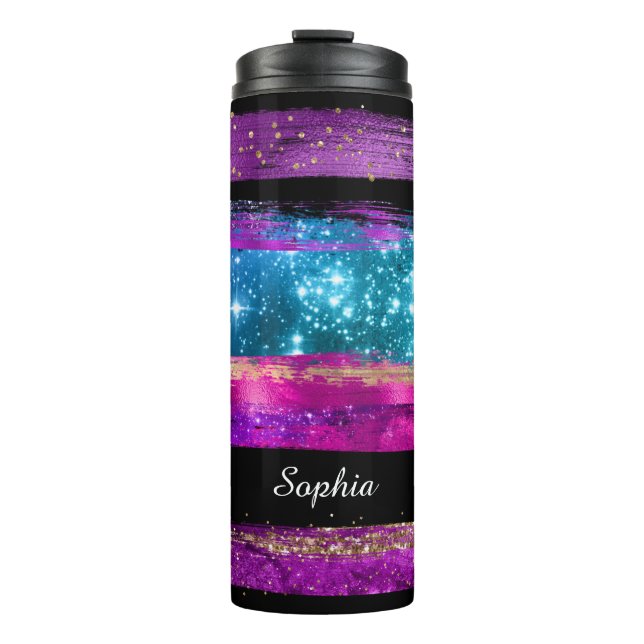 Lila rosa blaue Glitzer Sterne Pinselstriche Name Thermosbecher (Vorderseite)