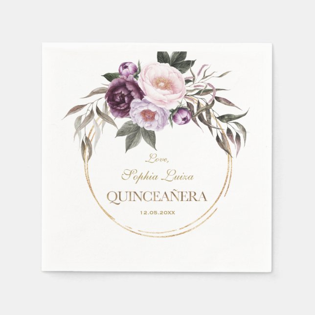 Lila rosa Blume Gold Mis Quince Quinceañera Serviette (Vorderseite)