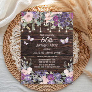Lila rosa Blume Schmetterlinge Rustikales Holz 60. Einladung