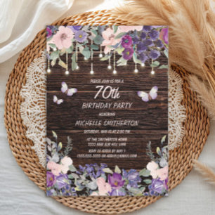 Lila rosa Blume Schmetterlinge Rustikales Holz 70. Einladung
