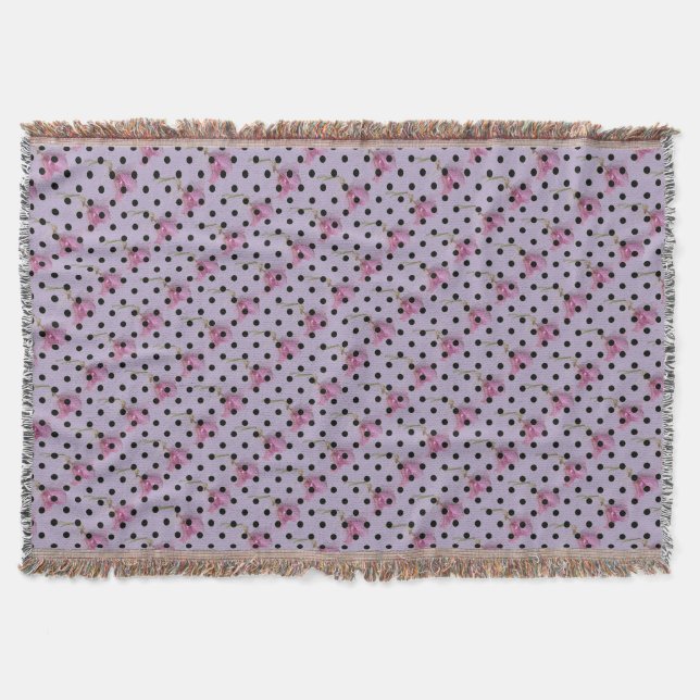 Lila rosa Blume und schwarze Polka Punkte Decke (Vorderseite)