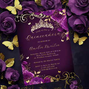 Lila-Rosa-Blumen-Gold-Schwung Quinceanera Folieneinladung