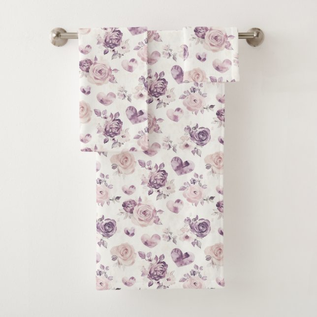 Lila Rosa Blumen & Herzen   Badhandtuch Set (Insitu)
