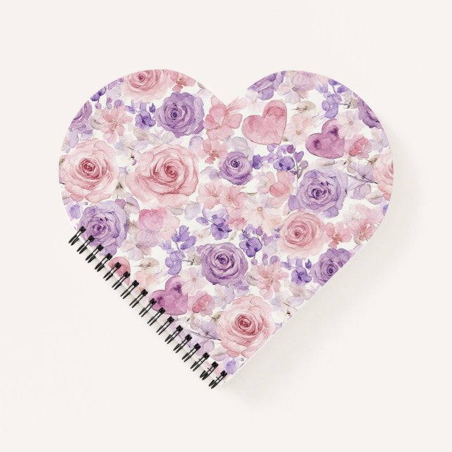 Lila rosa Blumen & Herzen Notizbuch (Vorderseite)