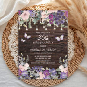 Lila Rosa Blumen Schmetterlinge Rustikal Holz 30. Einladung