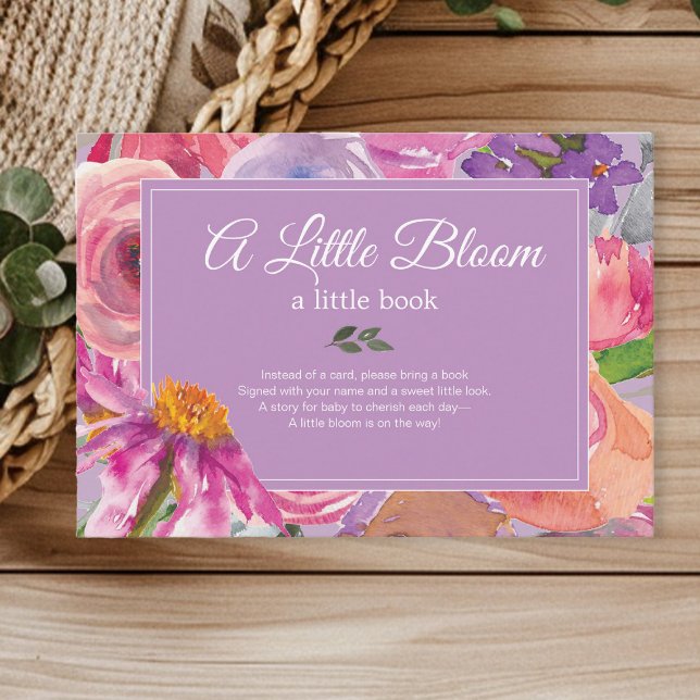 Lila rosa Blumenbücher für Babydusche Begleitkarte (Pink and purple watercolor floral "Books for Baby" enclosure card)