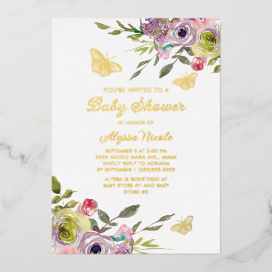 Lila Rosa Blumenschmetterlinge Gold Foil Baby Folieneinladung