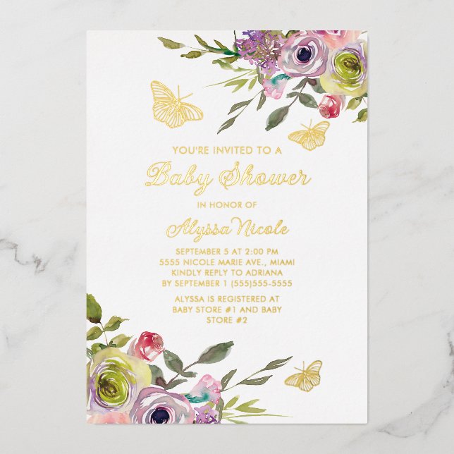Lila Rosa Blumenschmetterlinge Gold Foil Baby Folieneinladung (Vorderseite)