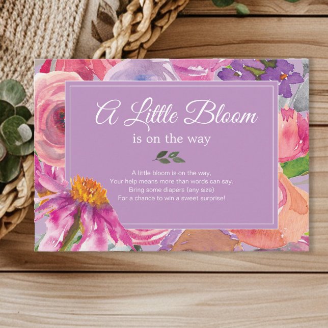 Lila Rosa Blumenspulendusche Begleitkarte (Pink and purple watercolor floral Diaper Raffle enclosure card)