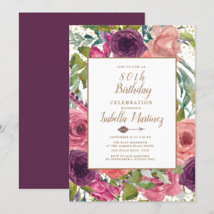 Lila Rosa Boho-Feder Blumen Gold 80. Geburtstag Einladung