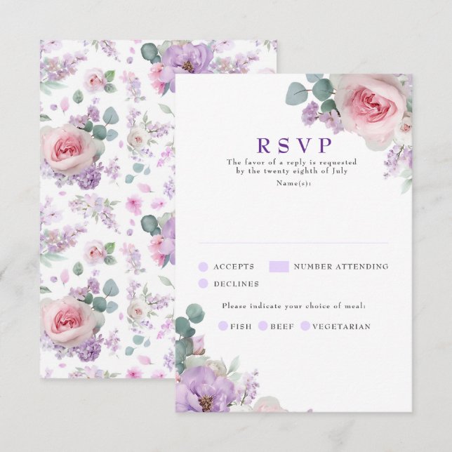 Lila rosa botanische  rosa Hochzeitskarten RSVP Karte (Vorne/Hinten)