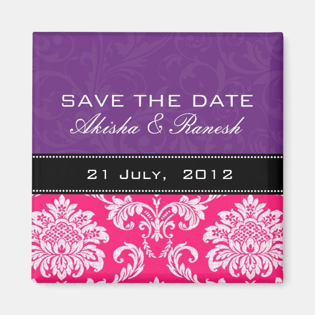 Lila rosa Damast-Save the Date Magnet (Vorne)