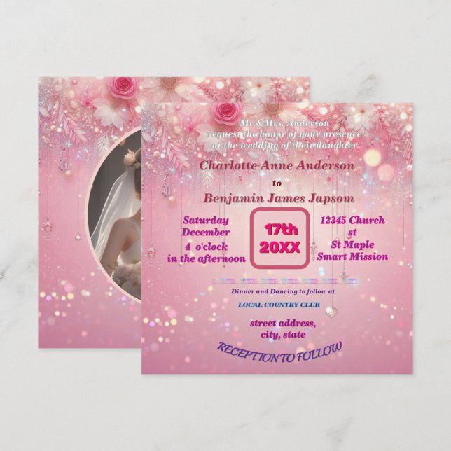 Lila rosa Driving Imitats Glitzer Blumenkohl Einladung (Vorne/Hinten)