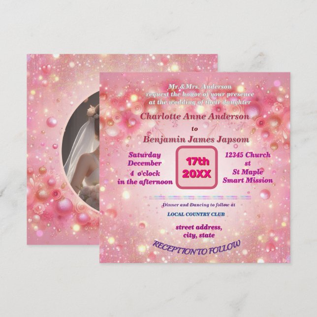 Lila rosa Driving Imitats Glitzer Blumenkohl Einladung (Vorne/Hinten)