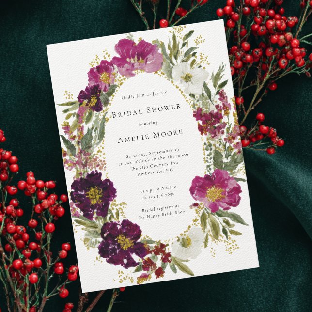 Lila rosa Dunkle Blume Kranz Brautparty Einladung (Von Creator hochgeladen)