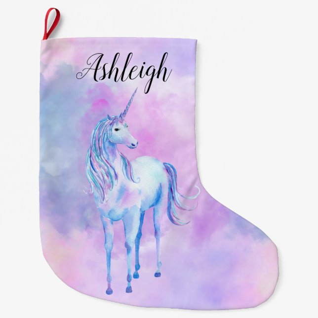 Lila rosa Einhorn Wasserfarbname Großer Weihnachtsstrumpf (Vorderseite)