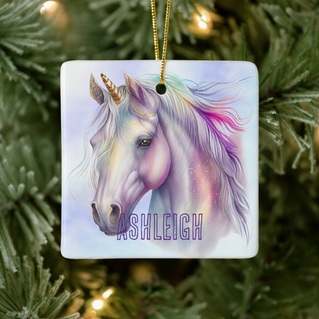Lila rosa Einhornname Keramikornament (Baum)