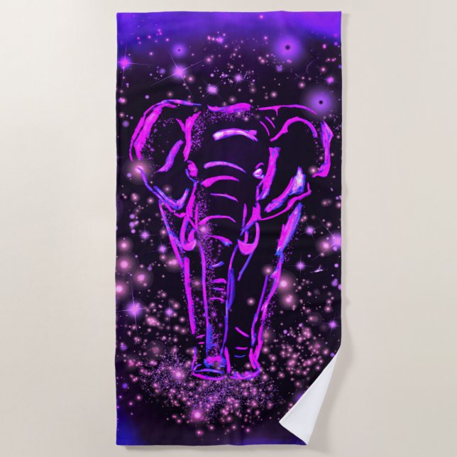 Lila rosa Elefantenstrandtuch in Starry Night Strandtuch (Vorderseite)