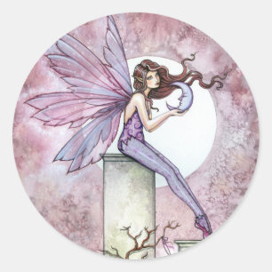 Lila Rosa Fee mit Mond Aufklebern Runder Aufkleber