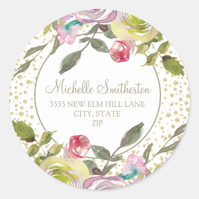 Lila Rosa Floral Gold Glitzer-Adresse Runder Aufkleber (Vorderseite)