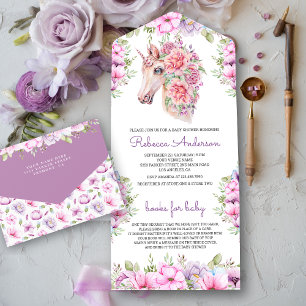 Lila rosa florale hübsche Einhorn-Baby-Party All In One Einladung