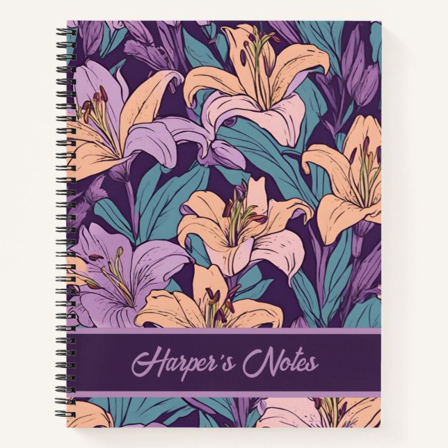 Lila rosa, florale Lilienmuster Personalisiert Notizbuch (Vorderseite)