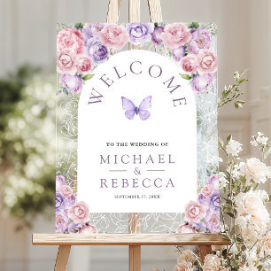 Lila Rosa Florale Schmetterling Hochzeit Willkomme Acrylschild