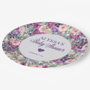 Lila Rosa Florales Baby-Mädchen-Shower Pappteller