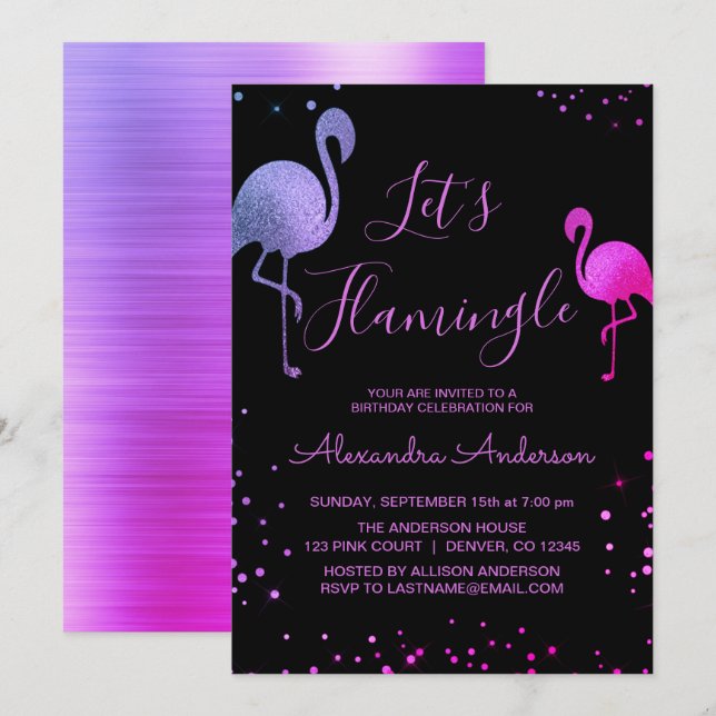 Lila rosa Foil Let's Flamingle - Flamingo Einladung (Vorne/Hinten)