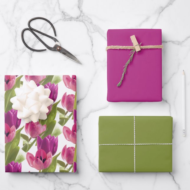 Lila rosa Frühlingshügel mit rosa Farbtupfer Geschenkpapier Set (Vorderseite)