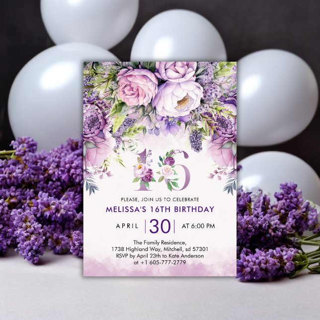 Lila & rosa Garden Blume 16. Geburtstag Einladung (Purple & Pink Garden Flowers 16th Birthday Invitation)