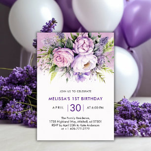 Lila & Rosa Garden Blume Girl 1. Geburtstag Einladung