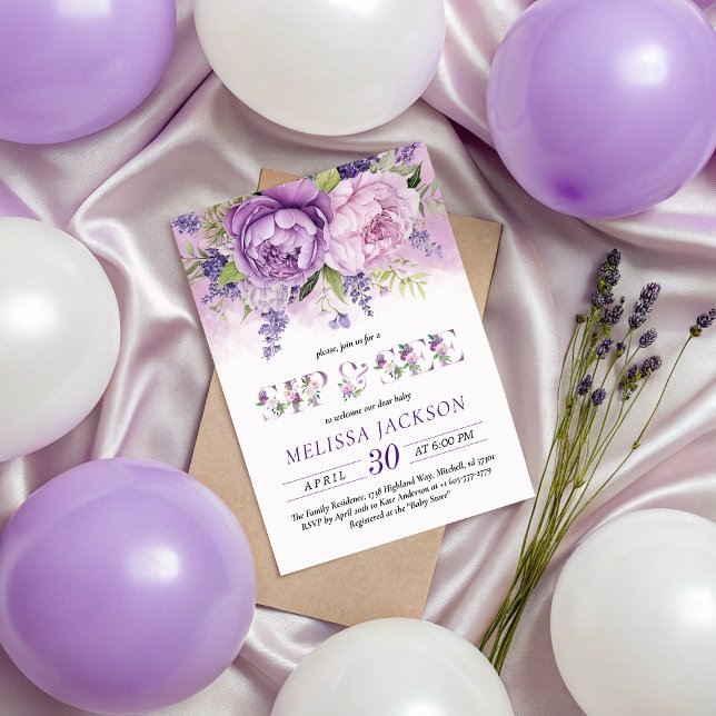 Lila & rosa Garden Blume Girl Sip and see Einladung (Purple & Pink Garden Flowers Girl Sip And See Invitation)
